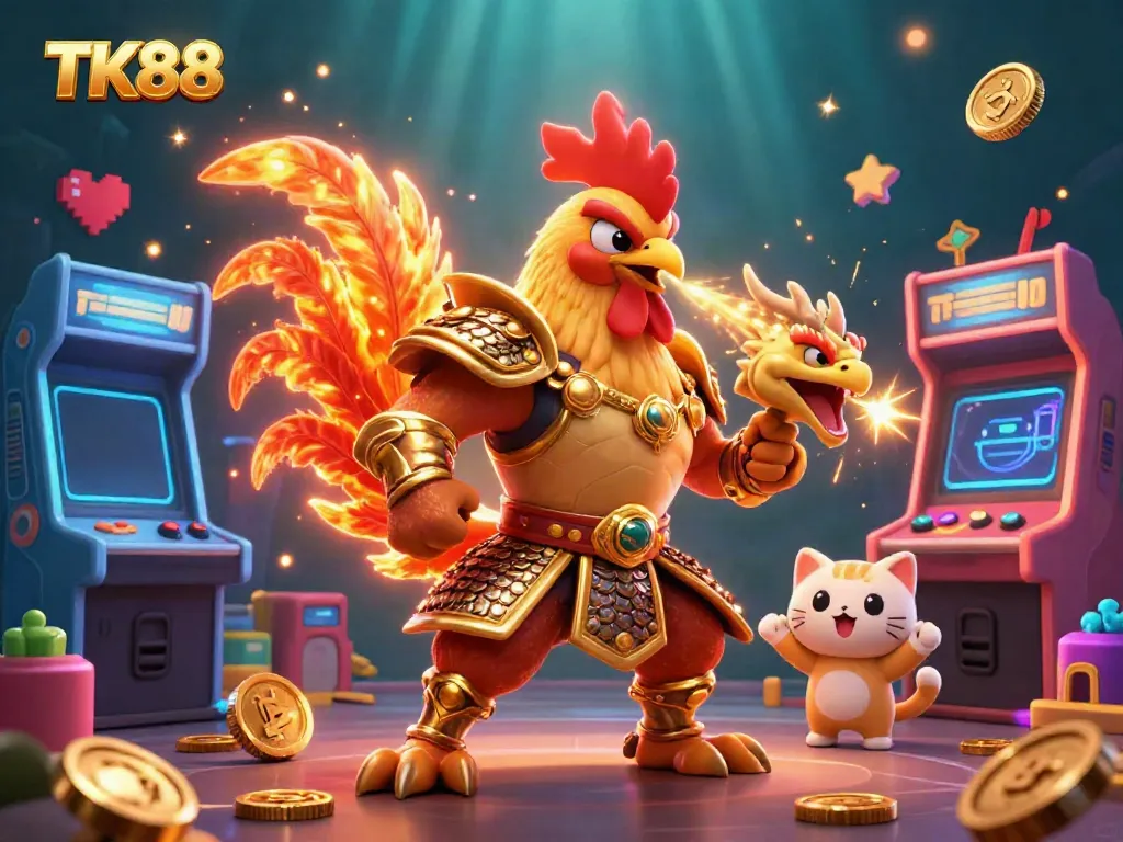 Experience thrilling gameplay at TK88 with a vibrant illustrated scene featuring dynamic characters and gaming elements.