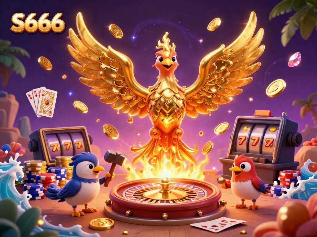S666 casino experience illustrated with a golden phoenix, coins, and vibrant game elements.