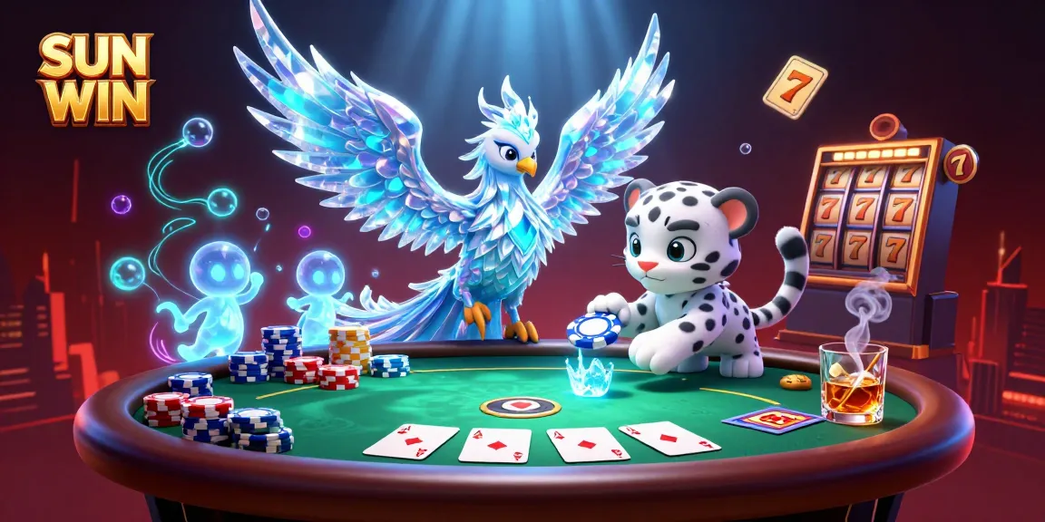 Experience thrilling gameplay with SUN WIN as the ice phoenix and cute snow leopard delight in this vibrant casino scene.