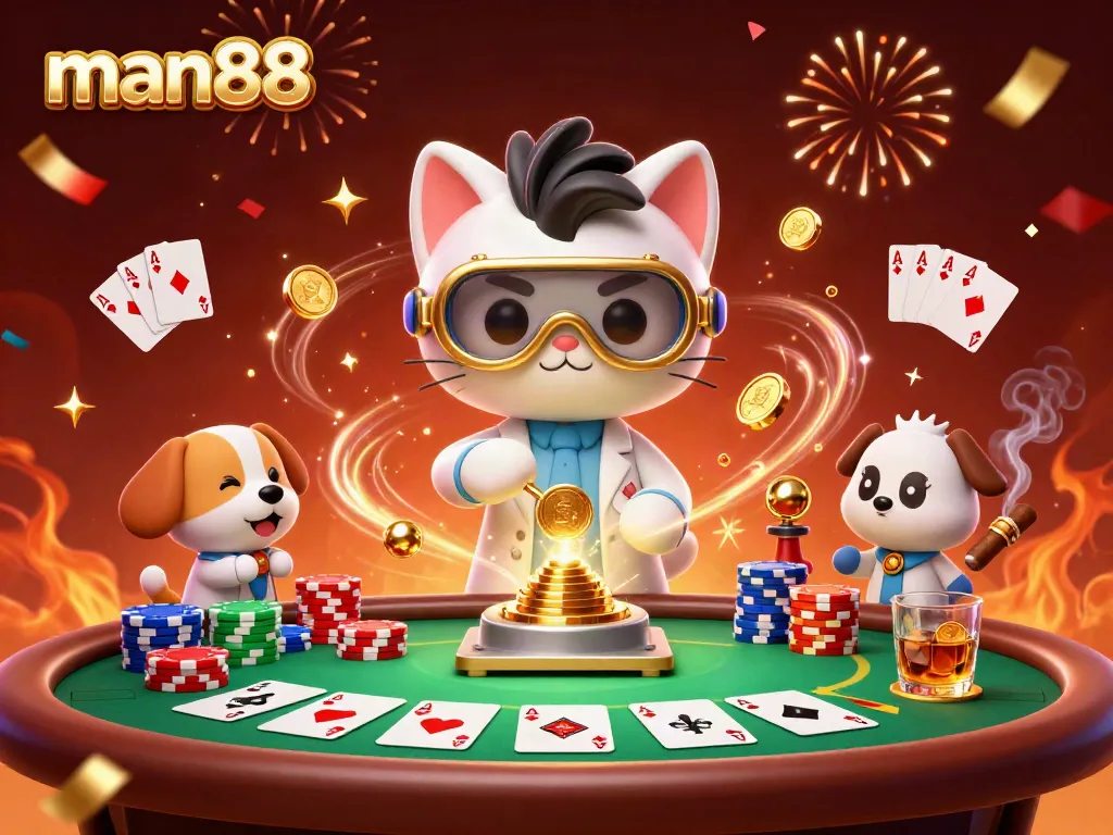 Engage with the excitement of man88 as a cartoon scientist cat and dog create a magical casino atmosphere.