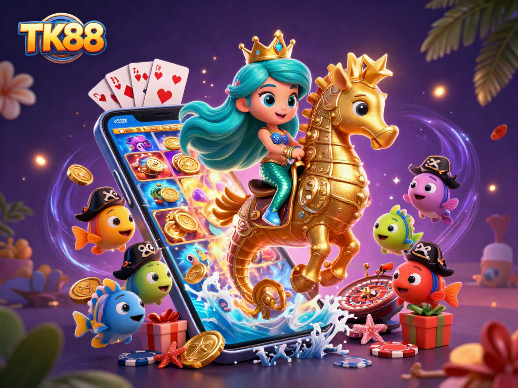 Experience the magic of TK88 with this vibrant scene of a mermaid princess and casino games.
