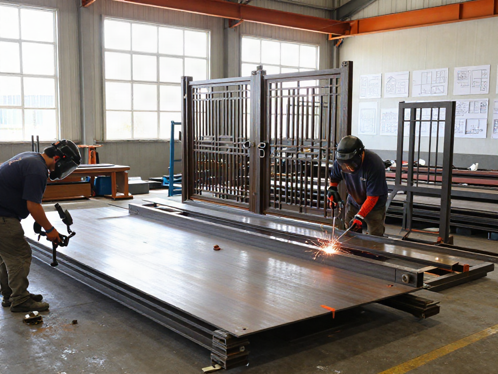 Steel fabrication workshop with artisans crafting gates, showcasing modern tools and teamwork.