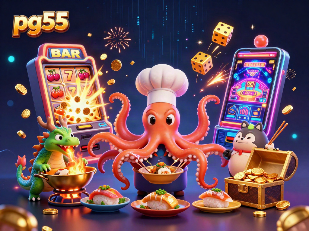 Experience exhilarating gaming at pg55, featuring a sushi chef octopus and lucky symbols.