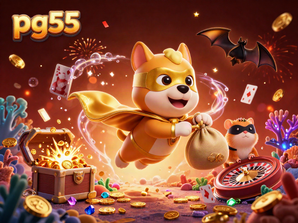 Experience the excitement of pg55 with a superhero dog and vibrant casino elements in a rich 3D scene.