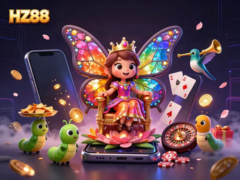 Engage with HZ88's vibrant gaming universe through 3D illustration of a dynamic casino scene featuring playful elements and colorful graphics.