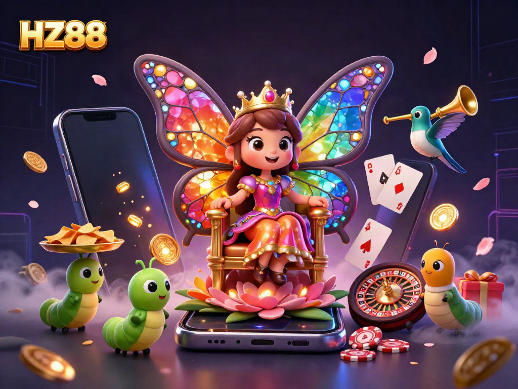 Engage with HZ88's vibrant gaming universe through 3D illustration of a dynamic casino scene featuring playful elements and colorful graphics.