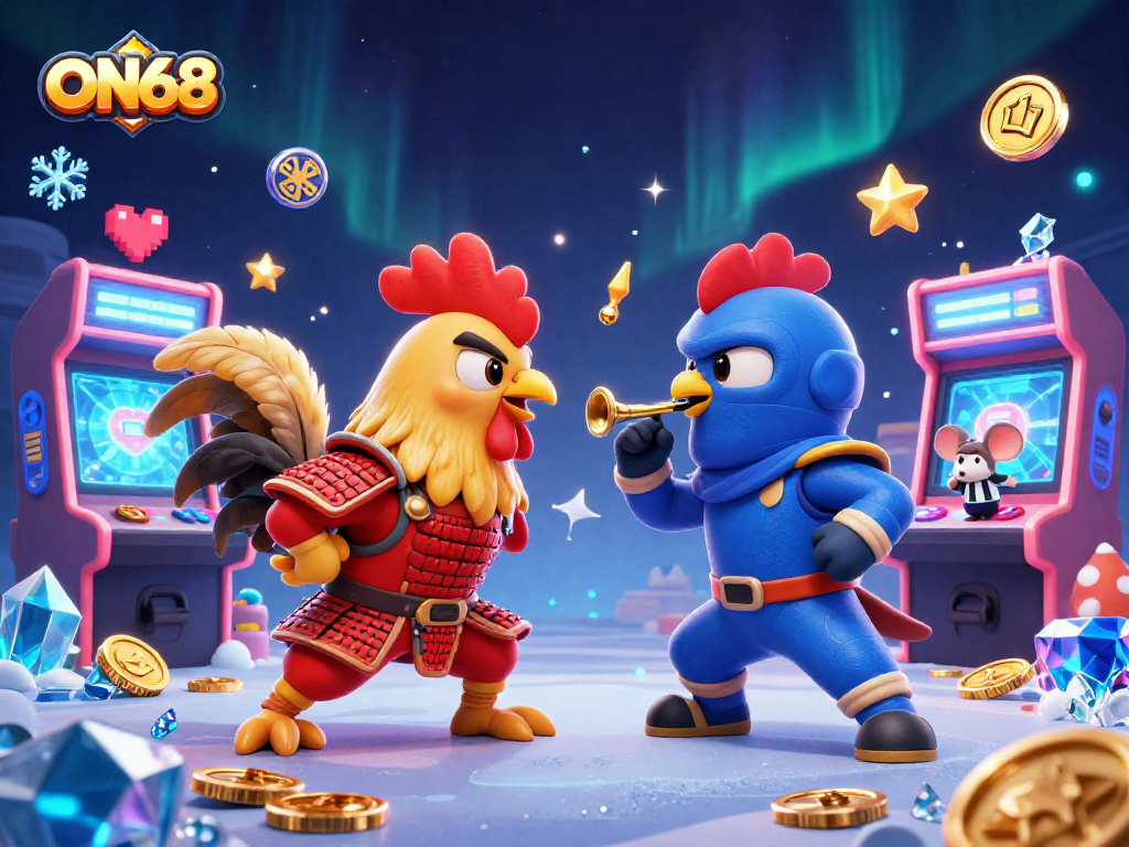 Engage in exhilarating battles at ON68 with dynamic rooster fighters in an electrifying casino-inspired scene.