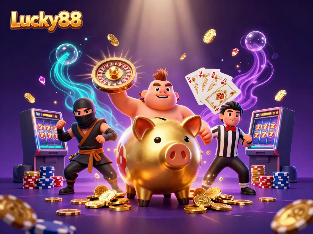 Experience the excitement at Lucky88 with animated characters and dynamic casino elements.