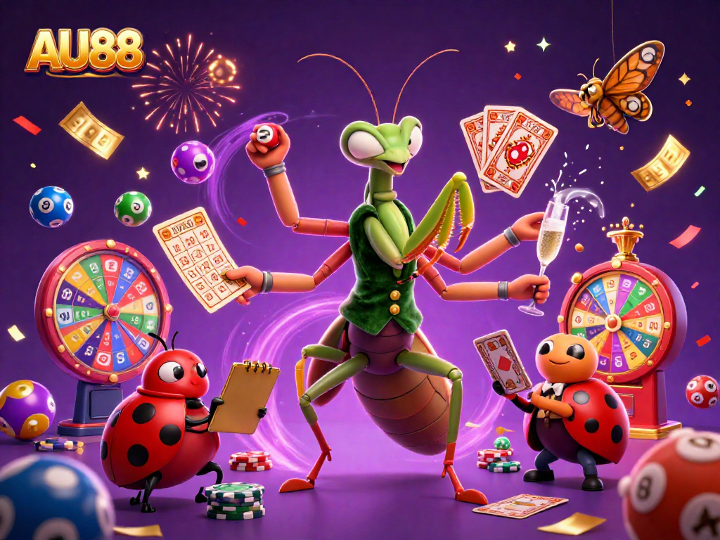 Experience the thrilling AU88 casino with dynamic characters, colorful lottery elements, and exciting gambling action.