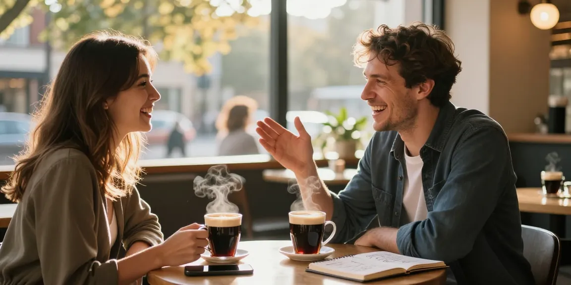 Engaging urban dating scene showcasing effective dating advice for men in a cozy coffee shop.