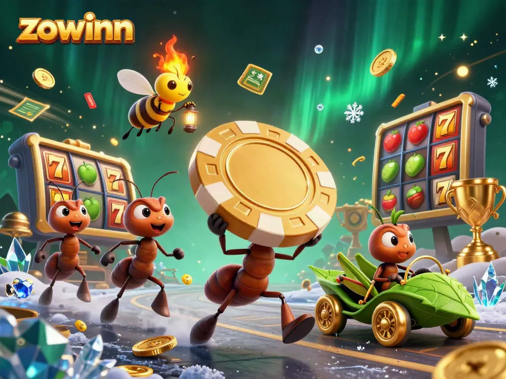 Zowinn casino illustration with ants heisting a poker chip amidst slot reels, jackpot counters, and gold coins.