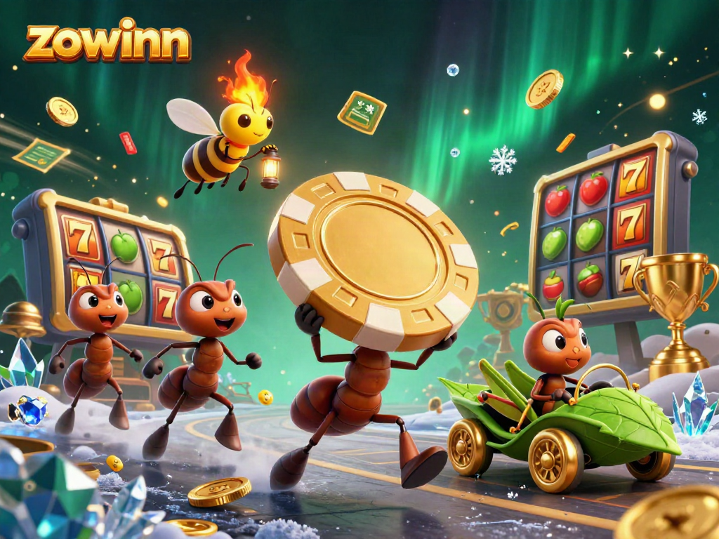Zowinn casino illustration with ants heisting a poker chip amidst slot reels, jackpot counters, and gold coins.