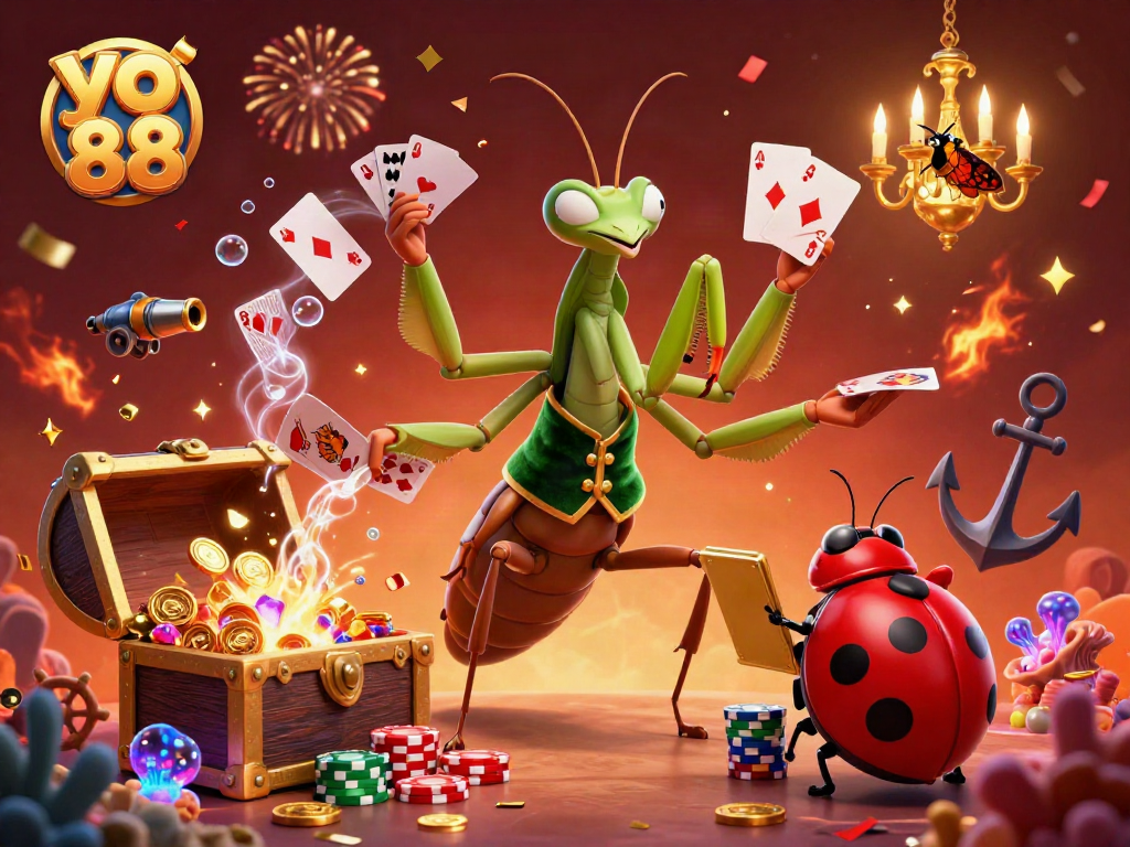 Win big with yo 88 at a vibrant casino featuring animated characters, gold coins, and games.