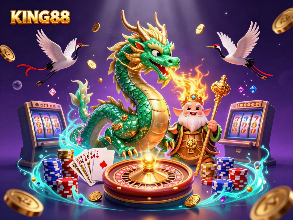 KING88 showcases a jade dragon, turtle sage, and lucky cranes amidst casino elements.