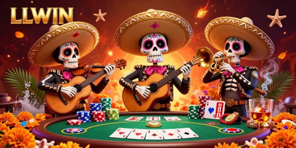Experience the vibrant atmosphere of LLWIN with a lively illustration of a mariachi band at a poker table.