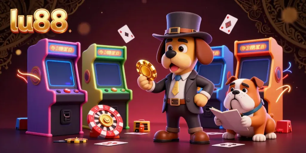 Experience excitement at lu88 with cartoon detective and bulldog uncovering poker treasures amidst vibrant game elements.