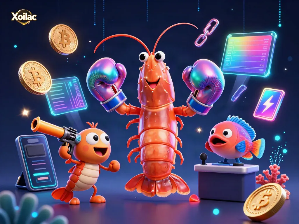 Xoilac features a dynamic scene with a cartoon mantis shrimp and crypto elements engaging in gambling action.