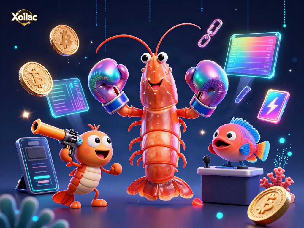 Xoilac features a dynamic scene with a cartoon mantis shrimp and crypto elements engaging in gambling action.
