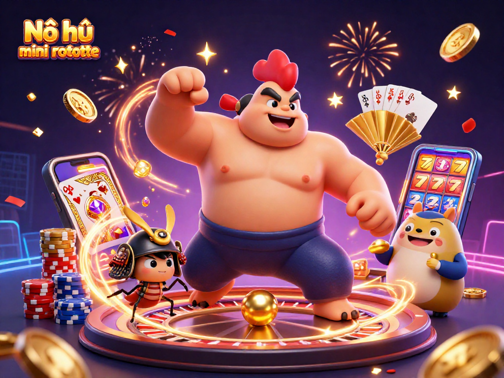 Nổ hũ mini roulette celebrates winning combinations with dynamic characters and vibrant casino elements.
