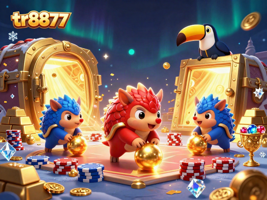 tr8877 pangolins roll golden balls, competing in vibrant casino atmosphere