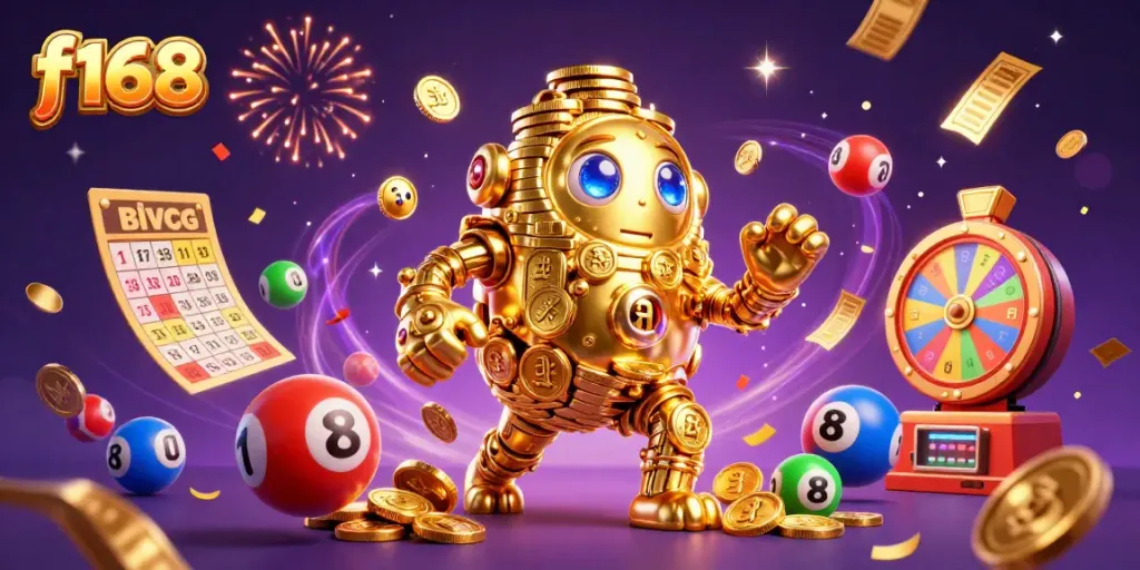 Experience the thrill of f168 with a golden golem and dynamic game elements in an enchanting casino scene.