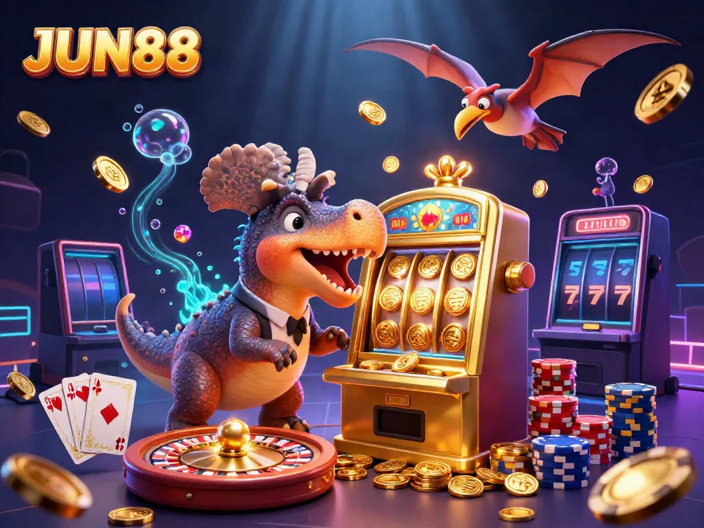 Experience the excitement of JUN88 with a cartoon dinosaur jackpot scene full of cascading coins.