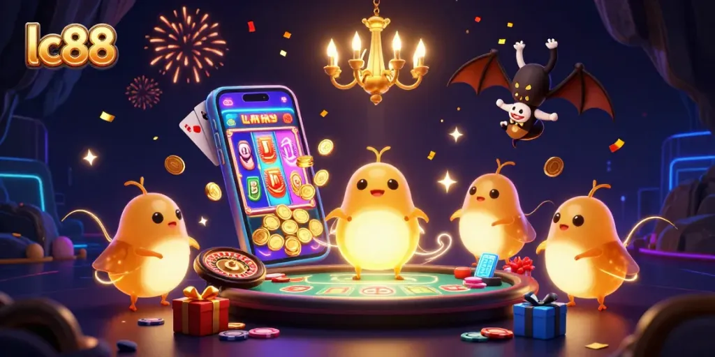 Experience excitement at lc88 with vibrant glowworms illuminating a lively cave casino scene.