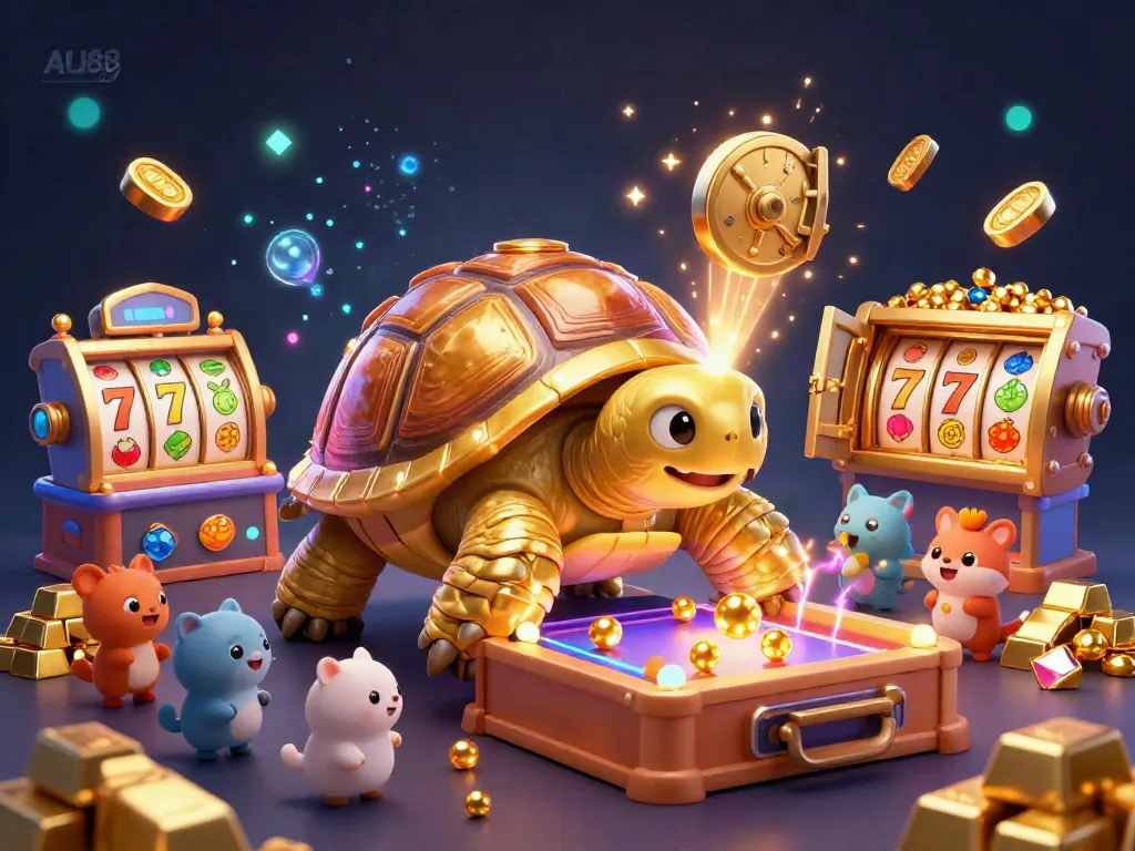 Engage in thrilling games at AU88, where golden tortoises transform into pinball machines amidst a dazzling casino scene.