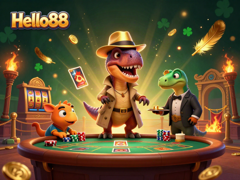 Experience exciting blackjack action with the Hello88 velociraptor card counter in a bustling casino scene.