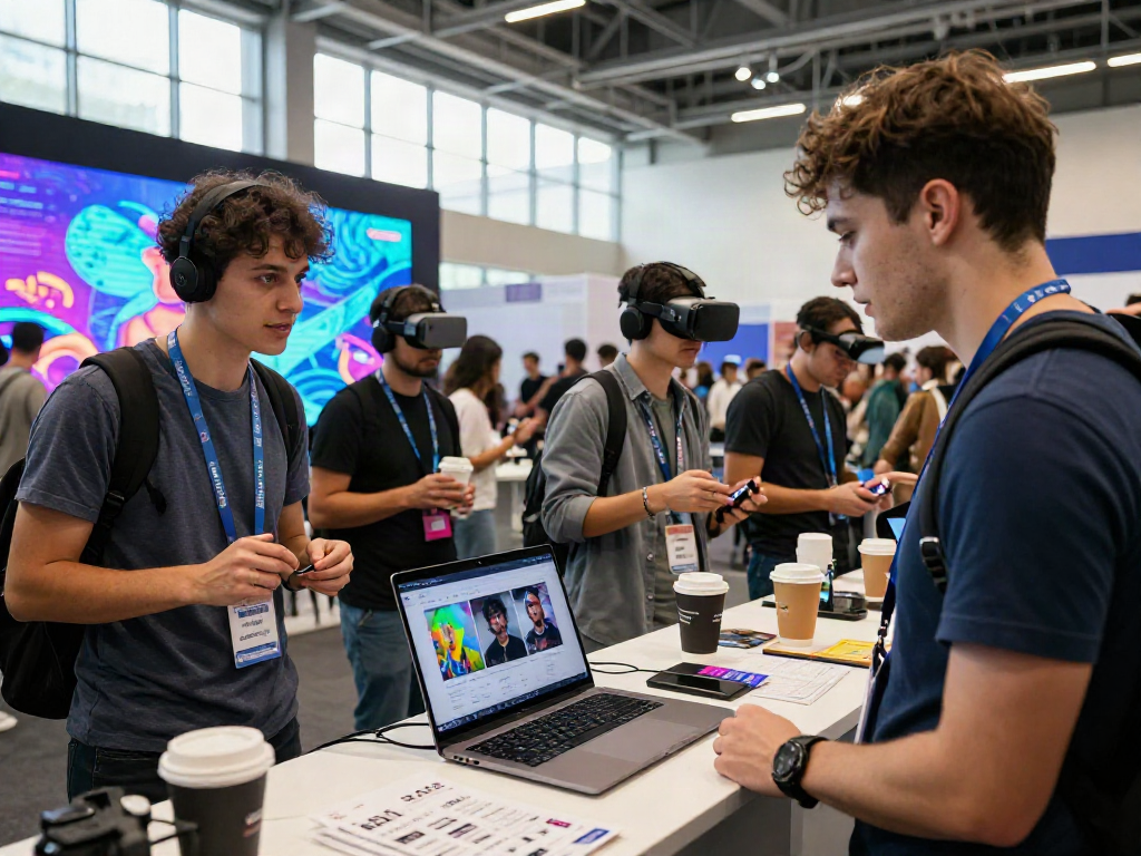 Engaging demonstration of nsfw AI technology at a vibrant tech convention.