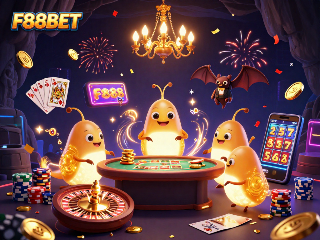 F88BET players celebrate a big win with vibrant graphics in a dynamic casino scene