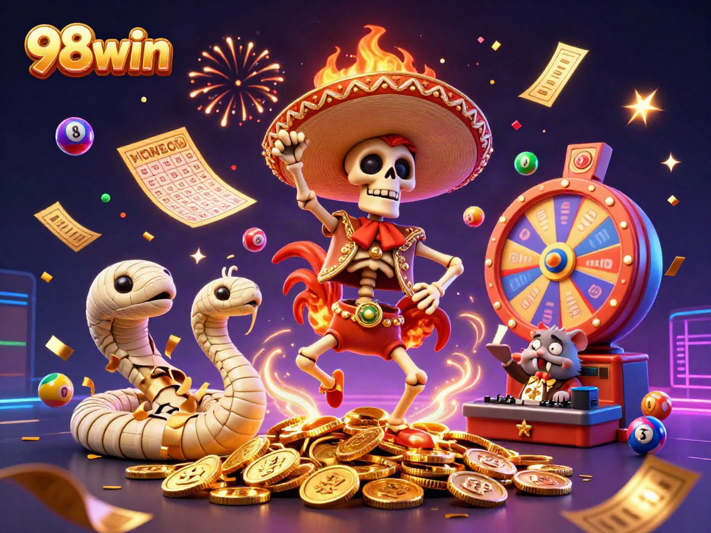 Exciting 98win casino celebration with a dancing skeleton rooster amidst coins and vibrant gaming elements.