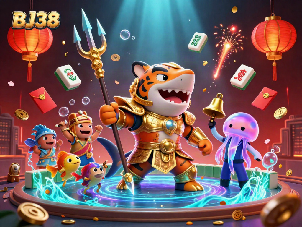 Engage in thrilling casino action with BJ38, showcasing a dynamic underwater colosseum scene filled with vibrant casino elements.