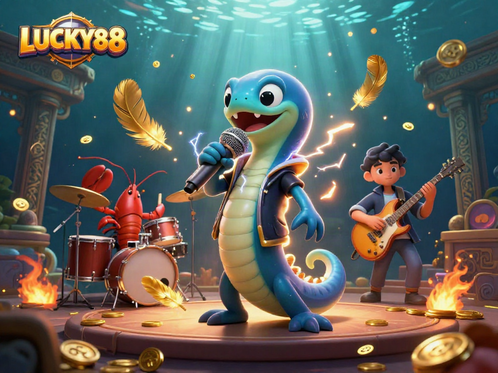 Experience the excitement of LUCKY88 with vibrant casino-themed artwork featuring unique underwater characters.
