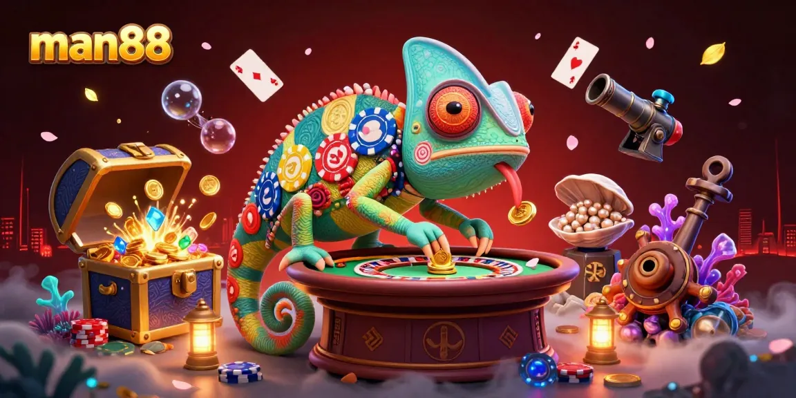 Experience the vibrant world of man88 casino with dynamic illustrations featuring a chameleon owner.
