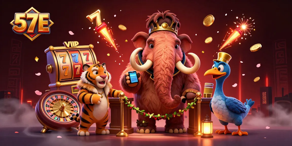 57E slots come alive as the cartoon woolly mammoth and saber-tooth tiger welcome guests to a vibrant casino.
