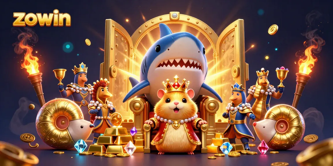 Zowin's vibrant 3D casino illustration featuring a golden hamster king among treasure and gems.