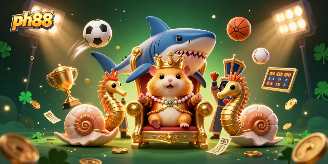 Experience ph88 with a dynamic illustration of a golden hamster king, royal guards, and sports betting action.