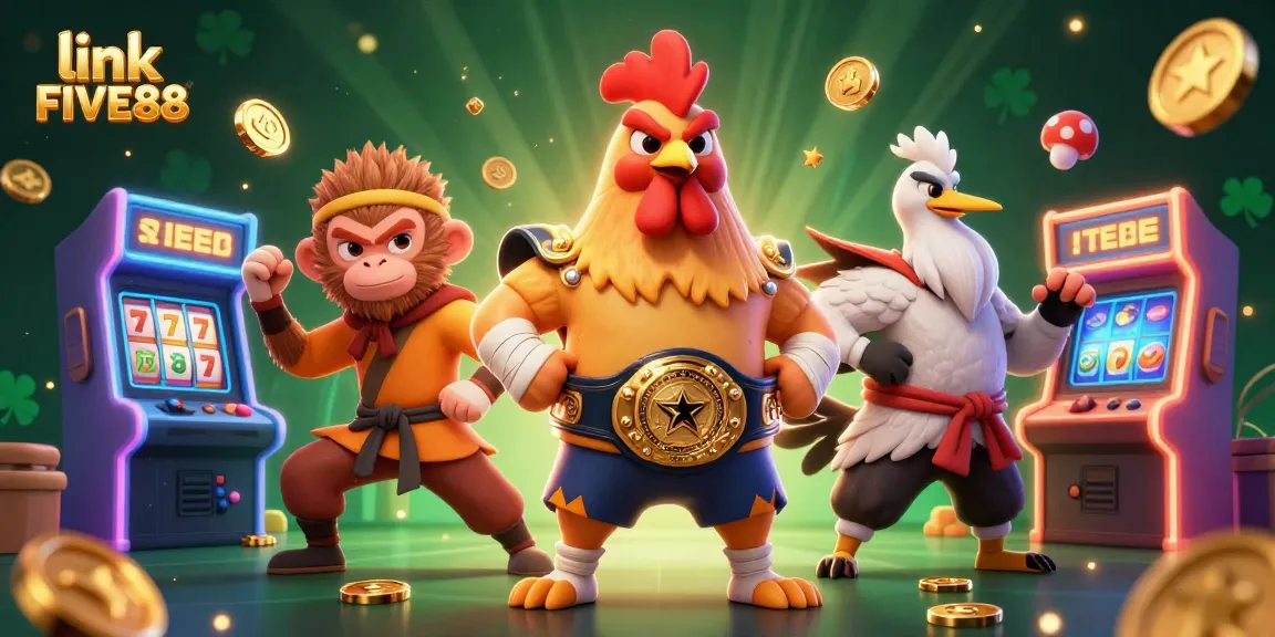 Engaging illustration showcasing link FIVE88 in an exciting casino scene filled with dynamic characters and gaming elements.