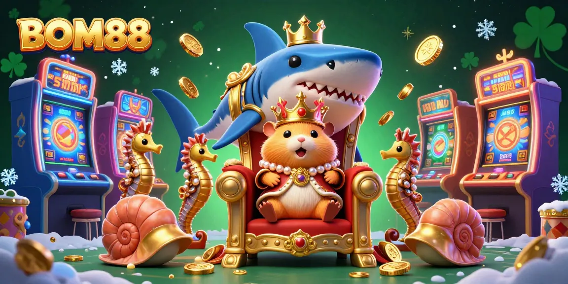 BOM88's vibrant casino scene as a golden hamster king rules from a megalodon throne amidst interactive game machines.