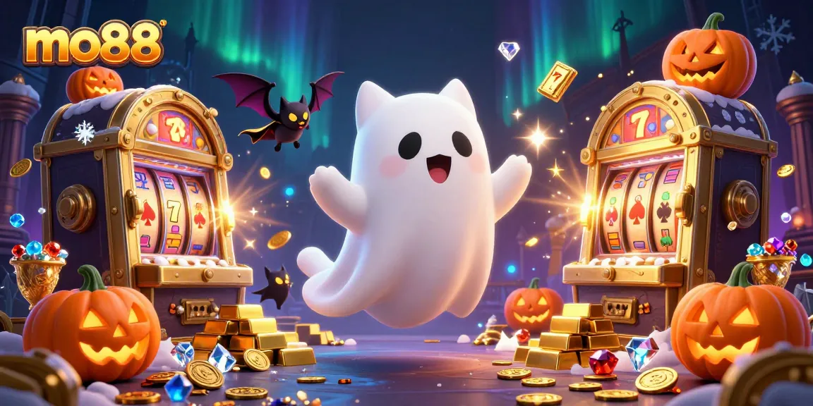 Experience mo88 action with a friendly ghost cat and vampire bat in a vibrant haunted casino scene.