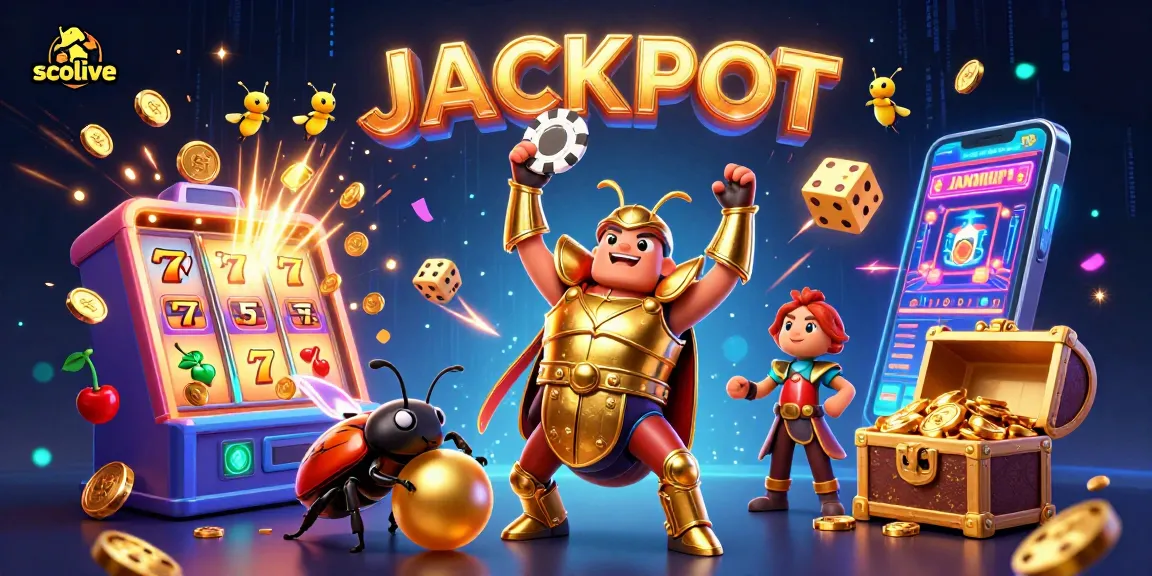 Socolive features a triumphant beetle champion lifting a poker chip, exciting casino elements abound