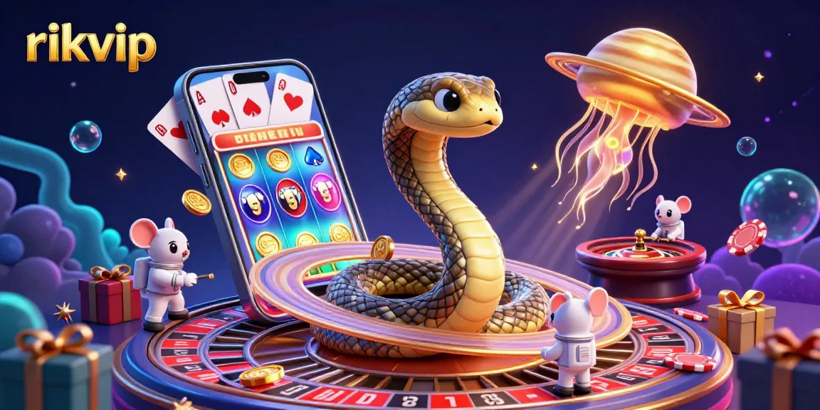Engage with rikvip's vibrant casino scene featuring cosmic betting with a Jupiter-sized dealer and interactive game elements.