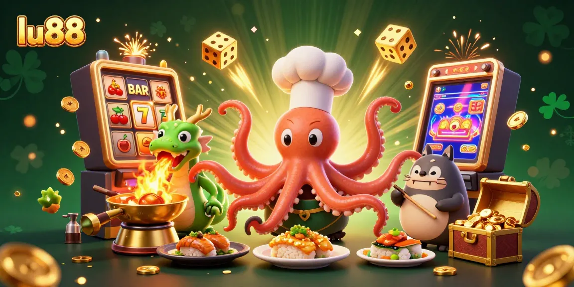 Experience the excitement with lu88 as a lucky sushi chef octopus prepares golden dishes surrounded by vibrant casino elements.
