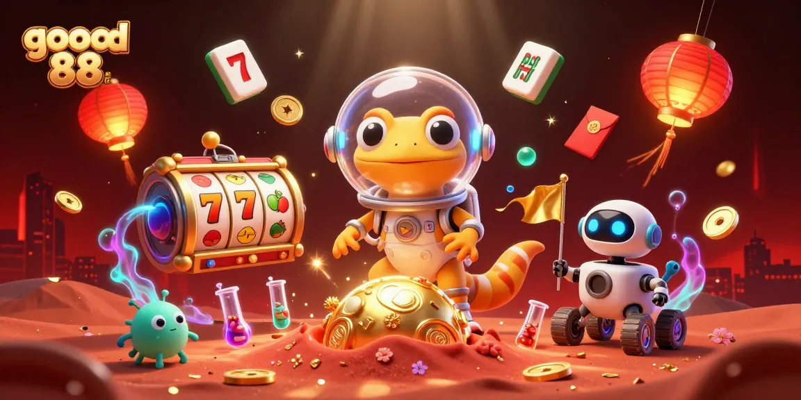 Engage with goood 88's vibrant casino adventure featuring a quirky Martian gecko amidst dynamic slot reels and confetti.
