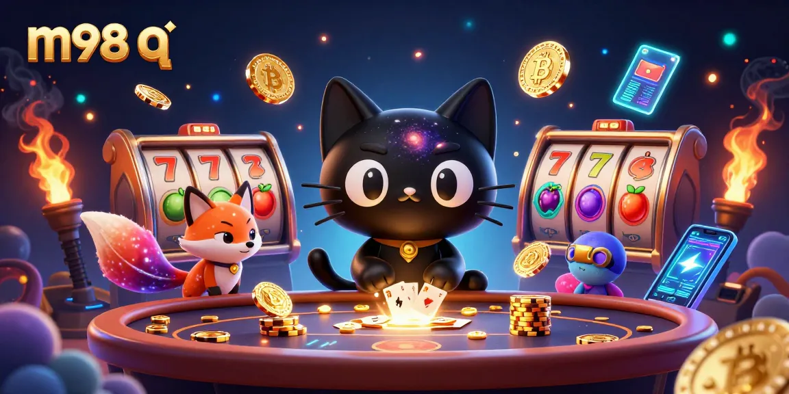 Engage with m98 q at the cosmic casino table, featuring vibrant slot reels and crypto elements.