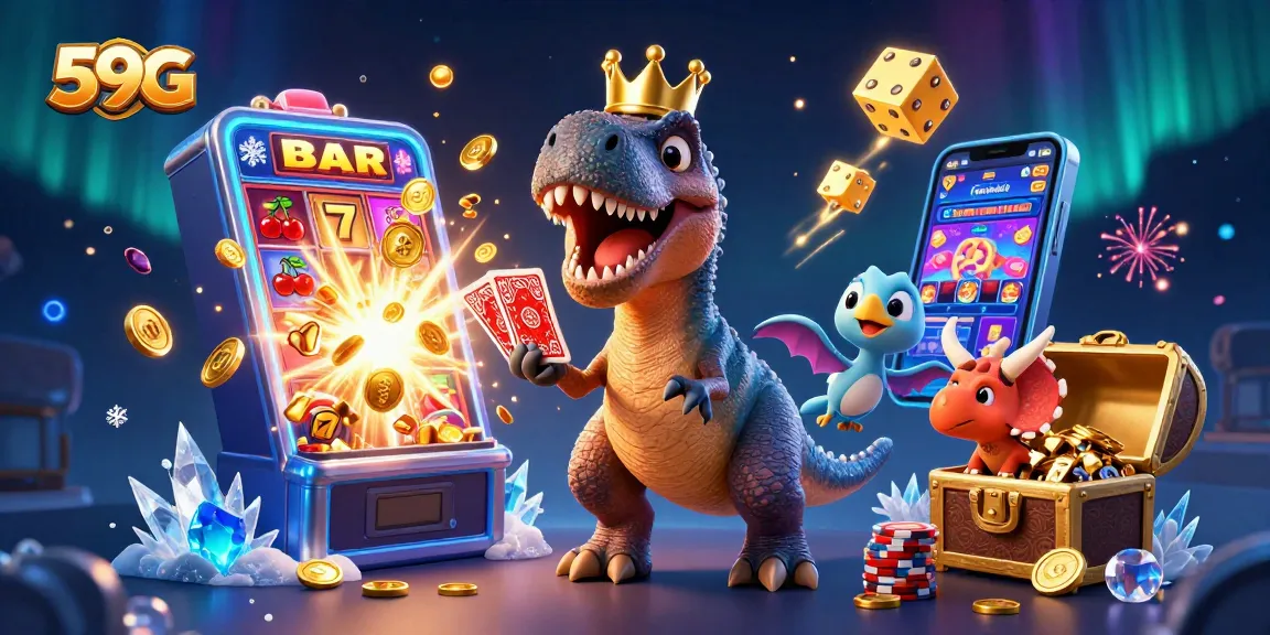 Engage with 59G's exciting casino experience in a vibrant 3D illustration featuring a fun dinosaur scene.