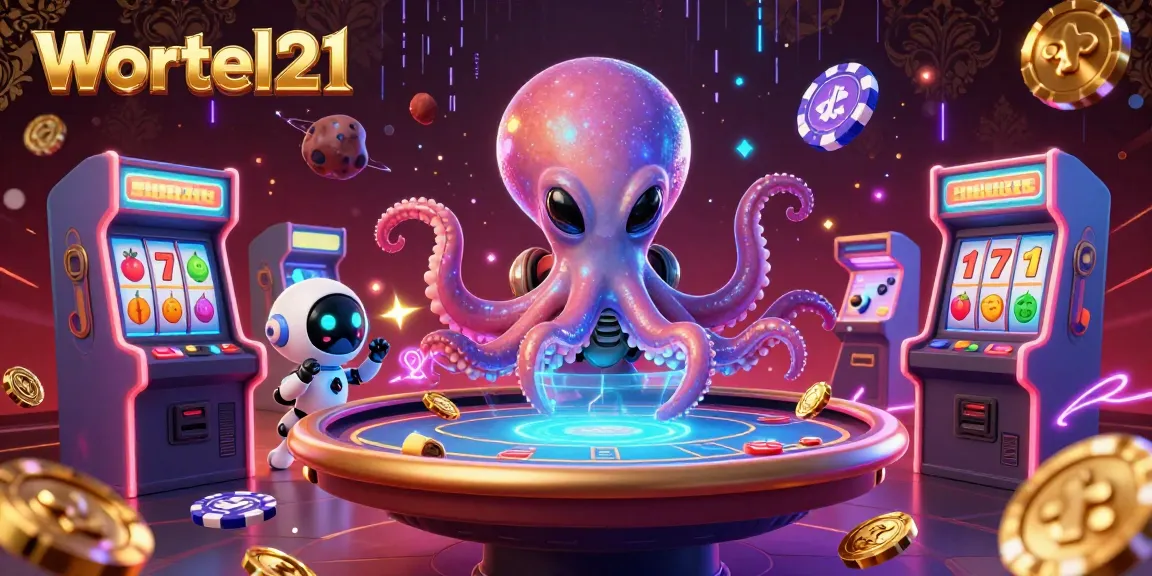 Experience the excitement of Wortel21 with an alien octopus holographically controlling a poker table in a vibrant casino.