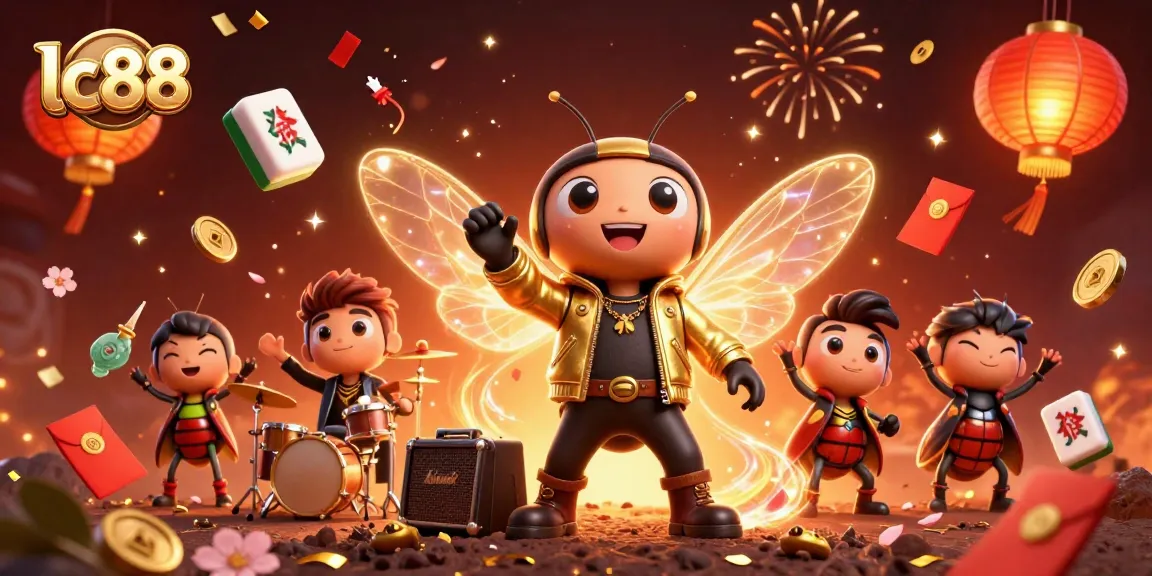 Immerse in the vibrant lc88 experience with a rock star cicada, dynamic game elements, and festive atmosphere.