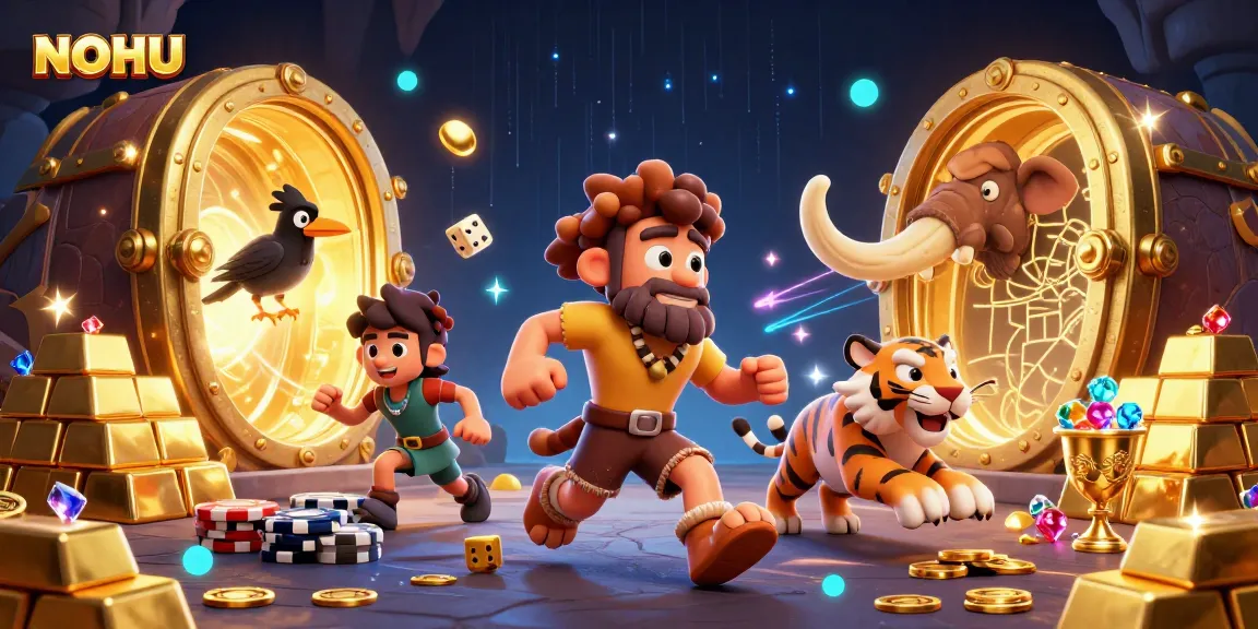 NOHU casino features a dynamic prehistoric scene with caveman characters and treasures.